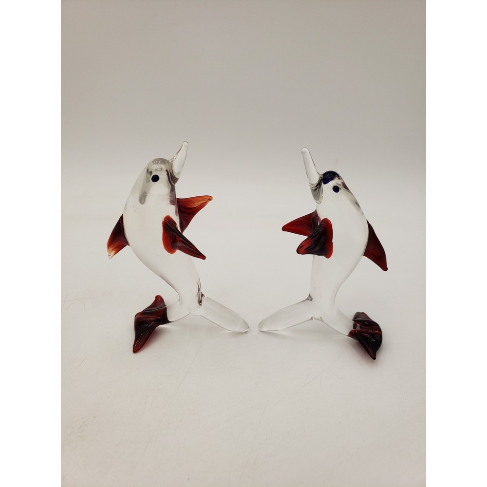 Pair Of Handblown Art Glass Dolphin Figurines Red Fins Blue Eyes Clear Bodies